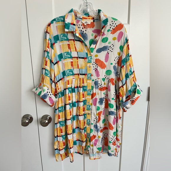 entro Dresses & Skirts - Entro Abstract Patchwork Shirt Dress Small Colorful Artsy Boho Funky
